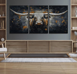 93195031-MGV-CV-36X24-Dark Longhorn Bull Wall Art – Western Steer Canvas Print, Moody Rustic Animal Painting for Man Cave, Ranch House, Office or Modern