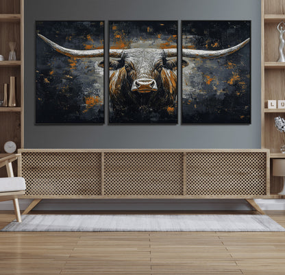 93195031-MGV-CV-36X24-Dark Longhorn Bull Wall Art – Western Steer Canvas Print, Moody Rustic Animal Painting for Man Cave, Ranch House, Office or Modern