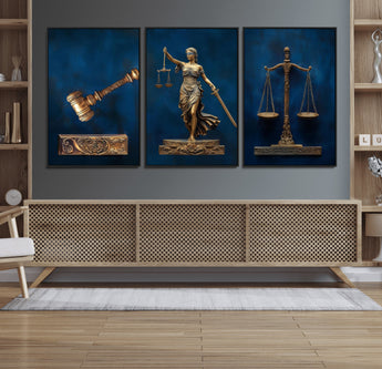 91629053-MGV-FC-60X30-3P_Black-Lady Justice Wall Art – Golden Gavel and Scales Canvas Print, Elegant Legal Office Decor for Lawyers, Judges, Courtroom or Study