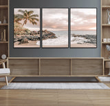 14214613-MGV-FC-60X30-3P_Black-Tropical Beach Wall Art – Palm Tree and Ocean Sunset Canvas Print, Relaxing Coastal Landscape Decor for Living Room, Bedroom, or