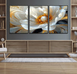 39604126-MGV-FC-60X30-3P_Black-Abstract Flower Wall Art – Elegant White and Gold Bloom Canvas Print, Modern Floral Artwork for Bedroom, Living Room, or Office