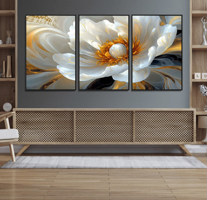 39604126-MGV-FC-60X30-3P_Black-Abstract Flower Wall Art – Elegant White and Gold Bloom Canvas Print, Modern Floral Artwork for Bedroom, Living Room, or Office