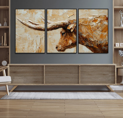 69611428-MGV-FC-60X30-3P_Black-Longhorn Bull Wall Art – Rustic Western Canvas Print, Textured Farmhouse Cattle Painting for Living Room, Office, or Ranch House
