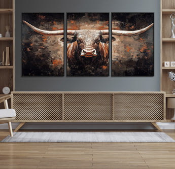 24779067-MGV-FC-60X30-3P_Black-Longhorn Bull Wall Art – Western Rustic Canvas Print, Bold Cowboy Cattle Painting for Ranch House, Farmhouse, Office, or Living