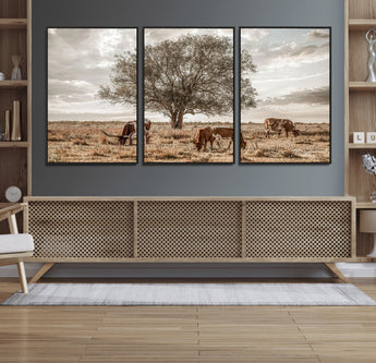87590224-MGV-FC-60X30-3P_Black-Longhorn Cattle Wall Art – Rustic Western Landscape Canvas Print, Texas Farmhouse Prairie Scene for Living Room, Office, or Ranch