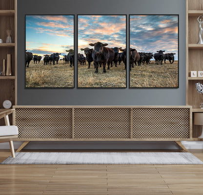 13867292-MGV-FC-60X30-3P_Black-Black Cattle Wall Art – Rustic Ranch Herd Canvas Print, Western Farmhouse Country Landscape Decor for Living Room, Office, or