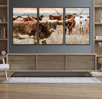 47758300-MGV-FC-60X30-3P_Black-Texas Longhorn Cattle Wall Art – Rustic Western Herd Canvas Print, Cowboy Ranch Farmhouse Decor for Living Room, Office, or
