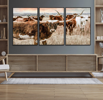 47758300-MGV-FC-60X30-3P_Black-Texas Longhorn Cattle Wall Art – Rustic Western Herd Canvas Print, Cowboy Ranch Farmhouse Decor for Living Room, Office, or