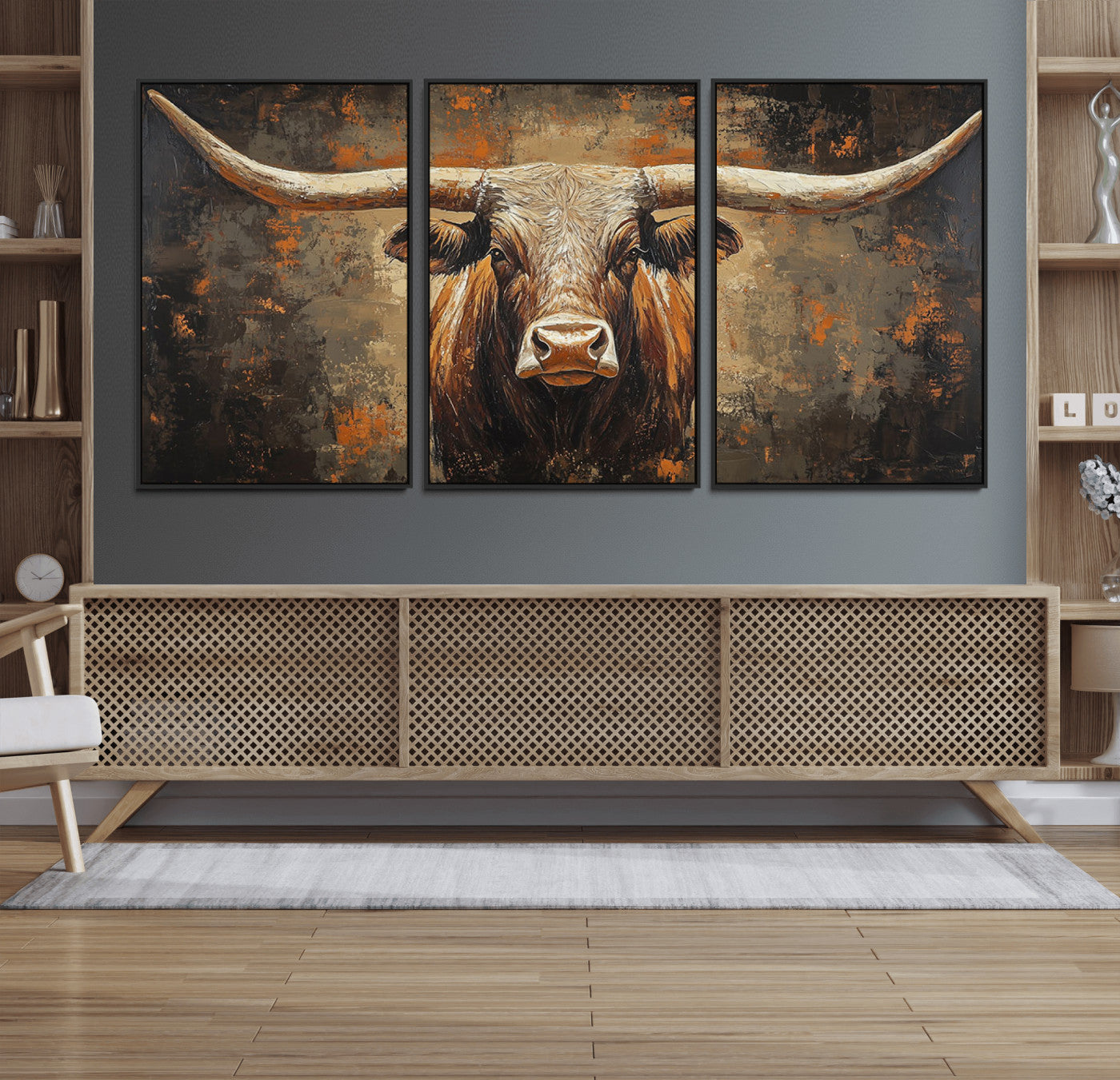 19204445-MGV-FC-60X30-3P_Black-Texas Longhorn Bull Wall Art – Rustic Western Canvas Print, Bold Cowboy Cattle Painting for Ranch House, Farmhouse, Office, or