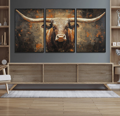 19204445-MGV-FC-60X30-3P_Black-Texas Longhorn Bull Wall Art – Rustic Western Canvas Print, Bold Cowboy Cattle Painting for Ranch House, Farmhouse, Office, or
