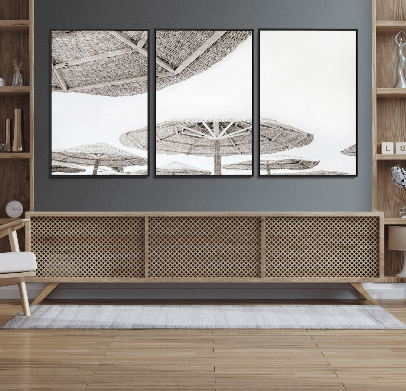 97043123-MGV-FC-60X30-3P_Black-Beach Umbrella Wall Art – Minimalist Coastal Canvas Print, Woven Parasol Summer Decor for Bedroom, Living Room, or Modern Beach