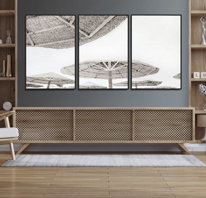 97043123-MGV-FC-60X30-3P_Black-Beach Umbrella Wall Art – Minimalist Coastal Canvas Print, Woven Parasol Summer Decor for Bedroom, Living Room, or Modern Beach