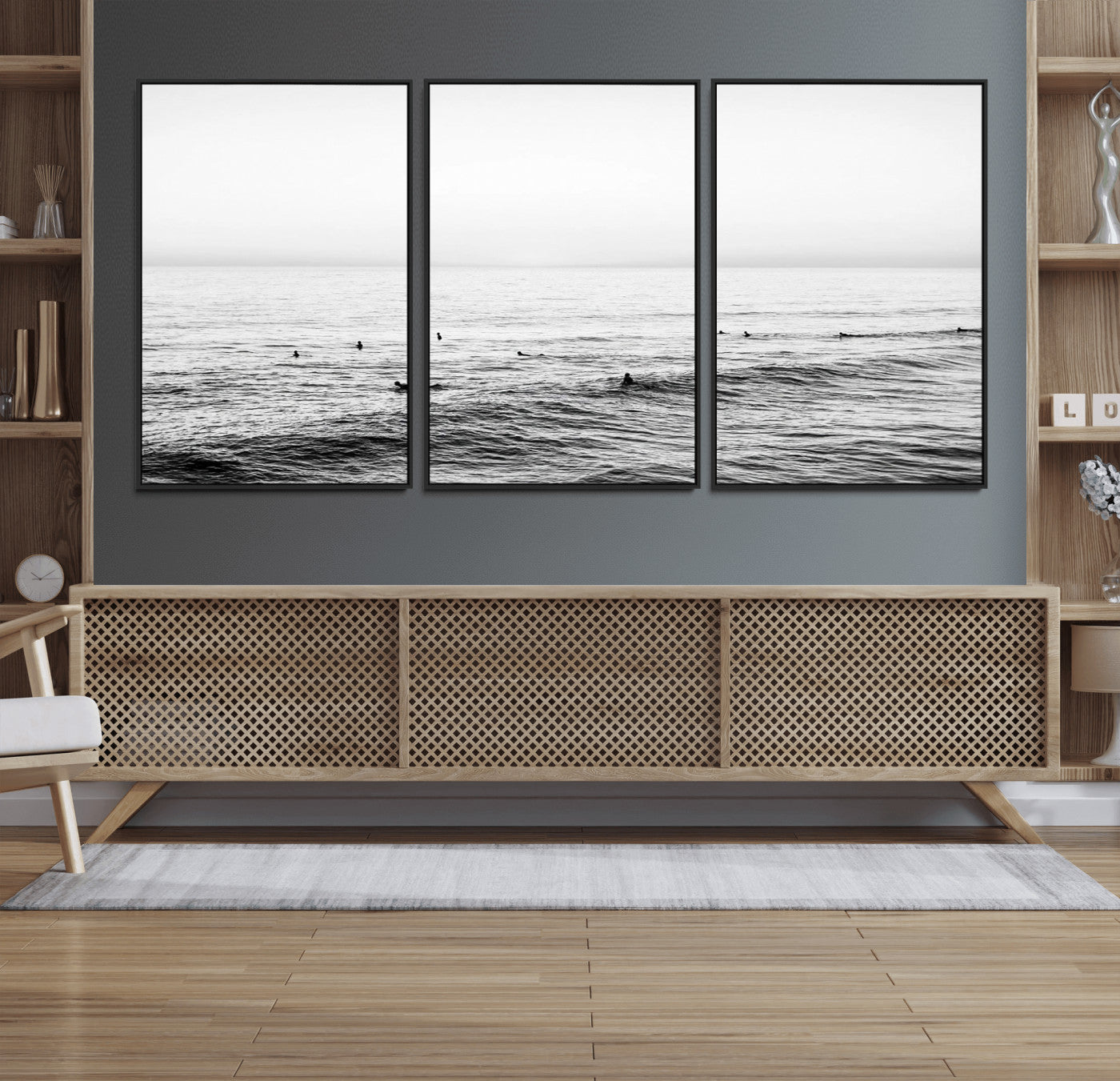 47208268-MGV-FC-60X30-3P_Black-Surfer Ocean Wall Art – Black and White Coastal Canvas Print, Minimalist Surfing Seascape Decor for Living Room, Bedroom, or Beach