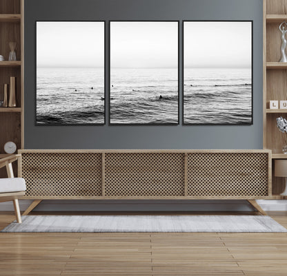 47208268-MGV-FC-60X30-3P_Black-Surfer Ocean Wall Art – Black and White Coastal Canvas Print, Minimalist Surfing Seascape Decor for Living Room, Bedroom, or Beach