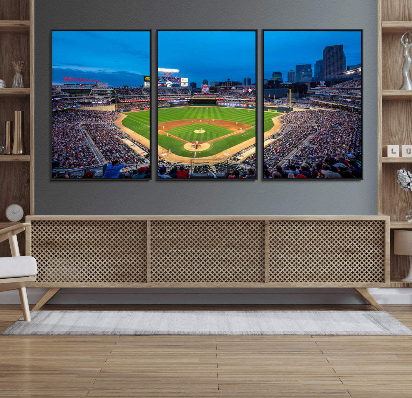 77273035-MGV-FC-60X30-3P_Black-Baseball Stadium Wall Art – Panoramic Evening Game Canvas Print, Sports Fan Decor for Man Cave, Office, Bar, or Living Room