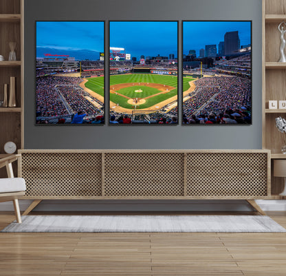 77273035-MGV-FC-60X30-3P_Black-Baseball Stadium Wall Art – Panoramic Evening Game Canvas Print, Sports Fan Decor for Man Cave, Office, Bar, or Living Room