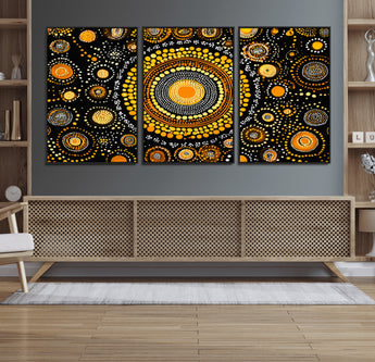 45478523-MGV-FC-60X30-3P_Black-Abstract Circle Wall Art – Bold Black and Gold Dot Painting Canvas Print, Modern Geometric Mandala Style Decor for Living Room or