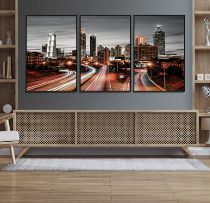 59097239-MGV-FC-60X30-3P_Black-City Skyline Wall Art – Modern Black and White Night Canvas Print with Red Light Trails, Urban Landscape Decor for Living Room or