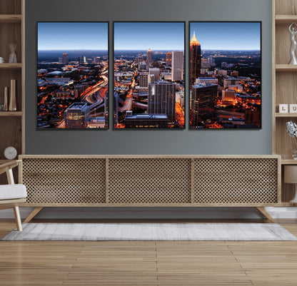 81886632-MGV-FC-60X30-3P_Black-Atlanta Skyline Wall Art – Vibrant City Lights Canvas Print, Modern Urban Cityscape Decor for Living Room, Office, or Apartment
