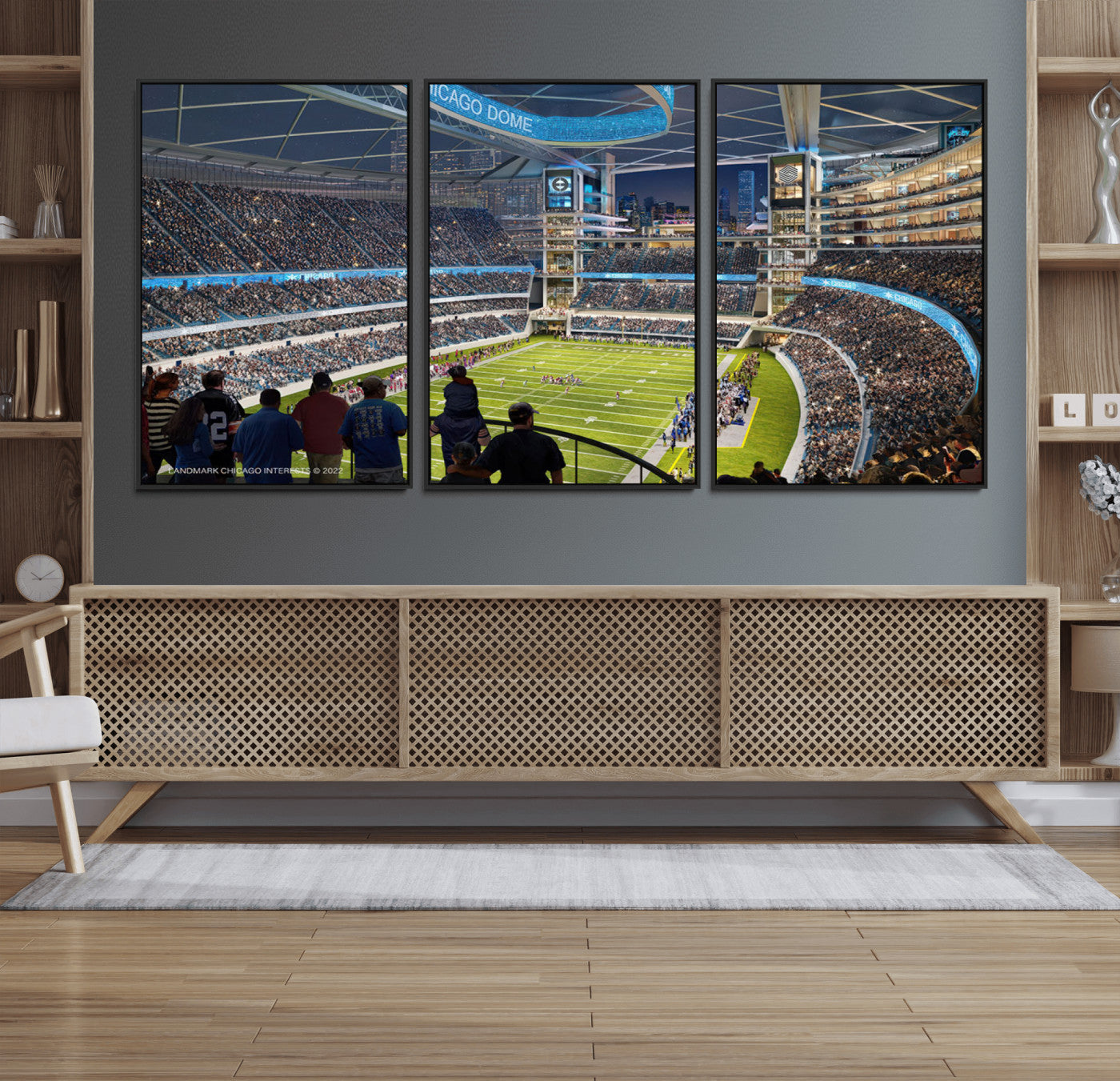 41816511-MGV-FC-60X30-3P_Black-Chicago Dome Stadium Wall Art – Futuristic Football Arena Canvas Print, Modern Sports Fan Decor for Man Cave, Office, Bar, or