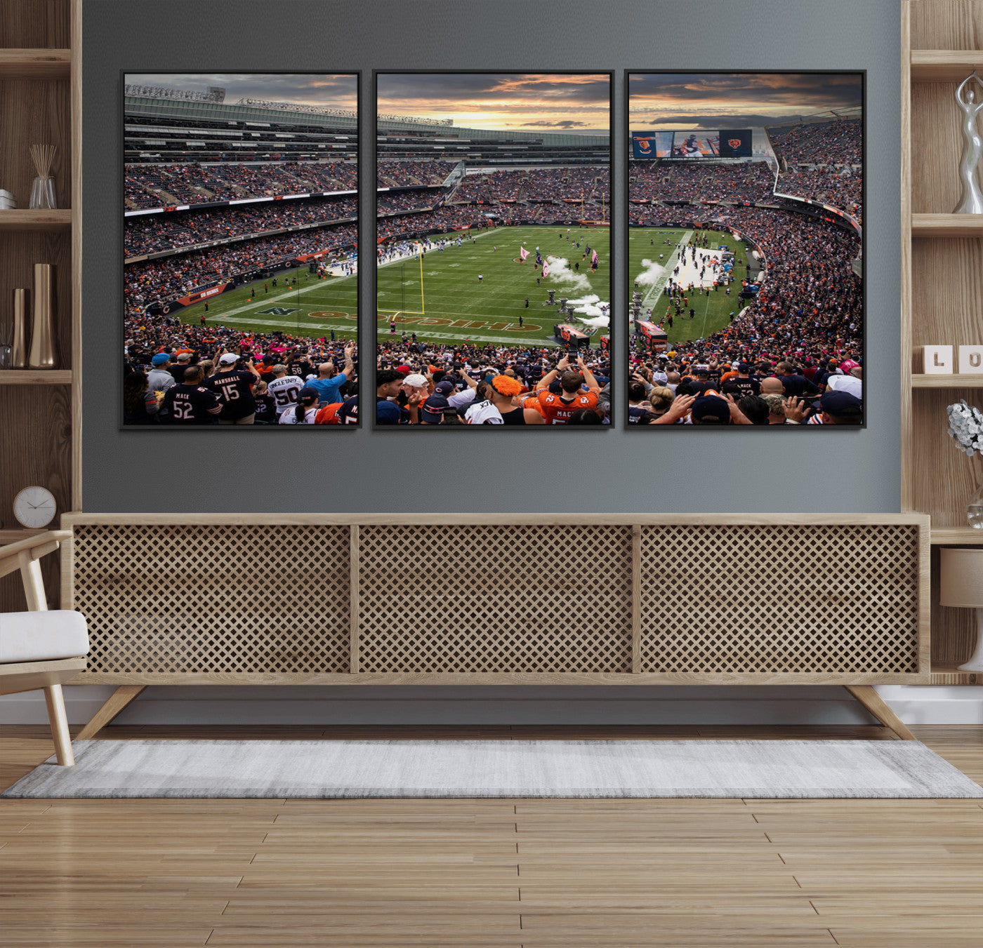 87578930-MGV-FC-60X30-3P_Black-Soldier Field Wall Art – Chicago Bears Football Stadium Sunset Canvas Print, Game Day Sports Decor for Man Cave, Bar, Office, or