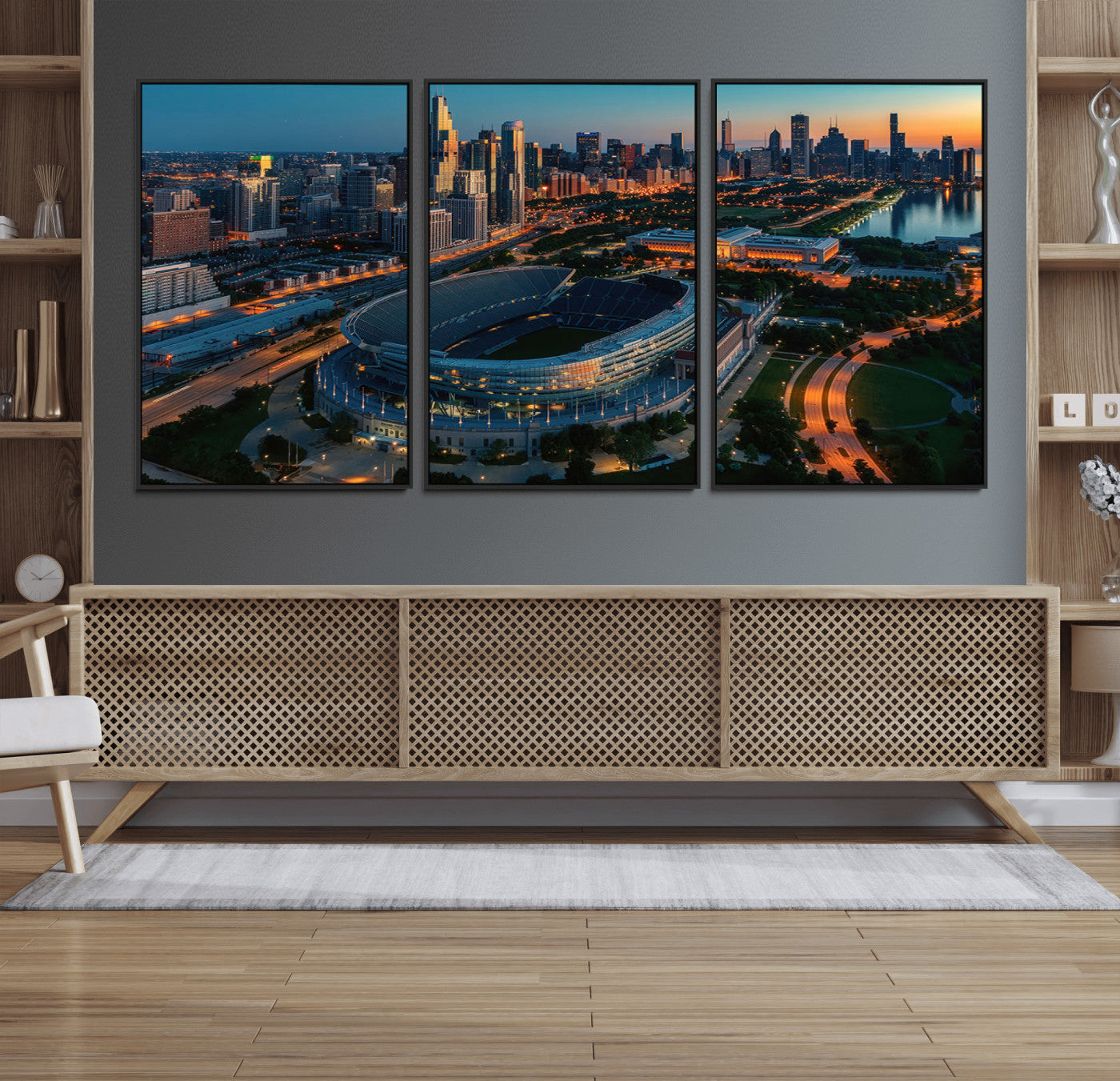 36690345-MGV-FC-60X30-3P_Black-Soldier Field Wall Art – Chicago Bears Stadium Aerial Night Canvas Print, City Skyline Football Decor for Living Room, Office, or