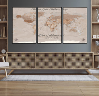95243244-MGV-FC-60X30-3P_Black-Wander Often Wonder Always World Map Wall Art – Neutral Beige Adventure Canvas Print, Rustic Boho Travel Decor for Bedroom, Living