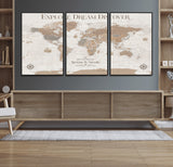 63516865-MGV-FC-60X30-3P_Black-Explore Dream Discover World Map Wall Art – Inspirational Travel Adventure Canvas Print, Neutral Parchment Style Explorer Decor