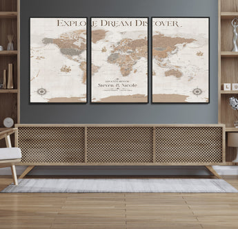 63516865-MGV-FC-60X30-3P_Black-Explore Dream Discover World Map Wall Art – Inspirational Travel Adventure Canvas Print, Neutral Parchment Style Explorer Decor