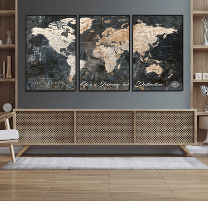 37848568-MGV-FC-60X30-3P_Black-Life is a Journey Not a Destination World Map Rustic Wood Texture Vintage Beige Navy Adventure Wall Art Canvas Print for Home
