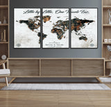 88337180-MGV-FC-60X30-3P_Black-Little by Little One Travels Far Tolkien Quote World Map Rustic Black Brown Adventure Wall Art Canvas Print for Home Office Living