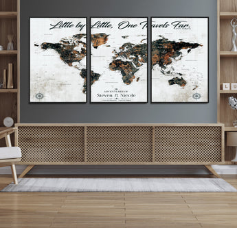 88337180-MGV-FC-60X30-3P_Black-Little by Little One Travels Far Tolkien Quote World Map Rustic Black Brown Adventure Wall Art Canvas Print for Home Office Living