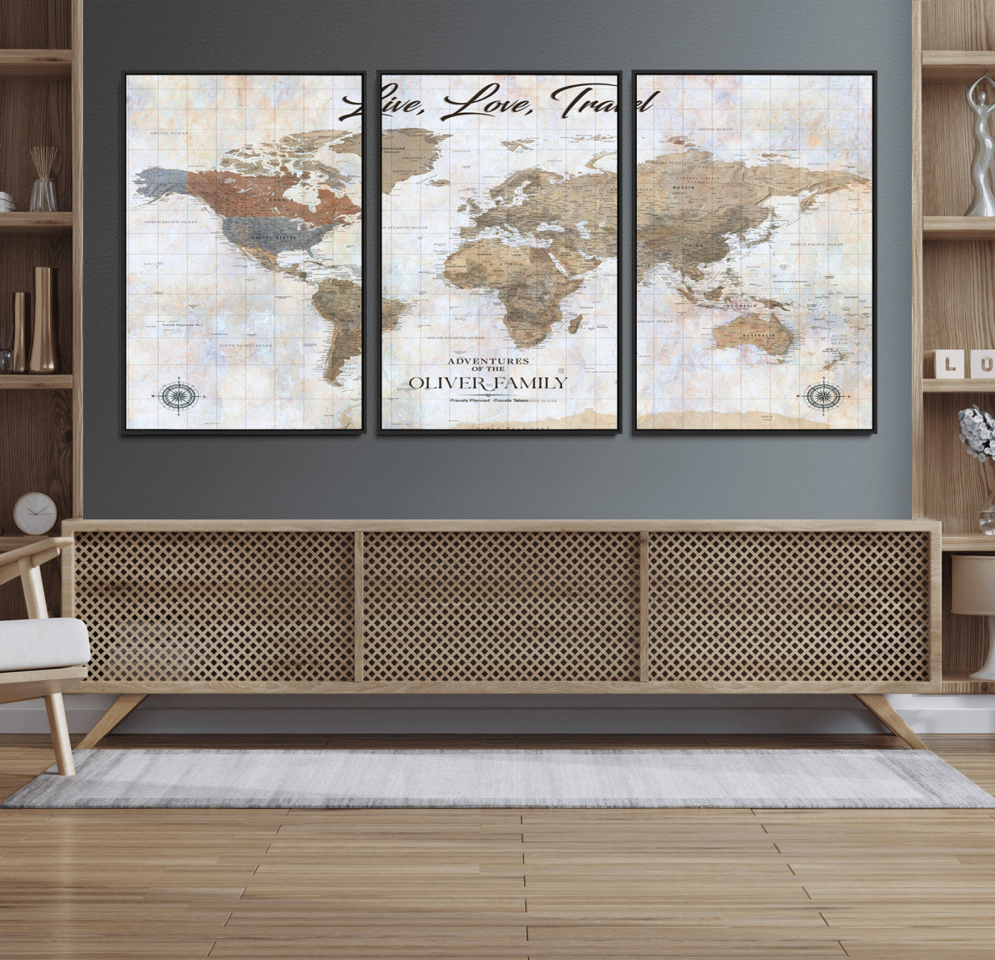 43924907-MGV-FC-60X30-3P_Black-Live Love Travel Wall Art – Neutral World Map Canvas Print, Rustic Adventure Decor for Home, Office or Living Room, Unique Gift