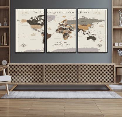 38723540-MGV-FC-60X30-3P_Black-Adventures of the Oliver Family Wall Art – Earth Tone World Map Canvas Print, Minimalist Travel Decor for Living Room, Bedroom or