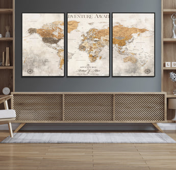 99422096-MGV-FC-60X30-3P_Black-Adventure Awaits World Map Wall Art – Neutral Beige Canvas Print, Modern Travel Inspired Wall Decor for Living Room, Bedroom or