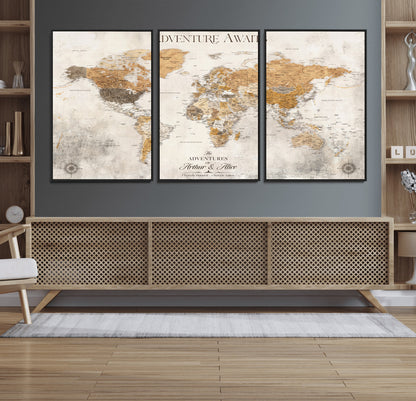 99422096-MGV-FC-60X30-3P_Black-Adventure Awaits World Map Wall Art – Neutral Beige Canvas Print, Modern Travel Inspired Wall Decor for Living Room, Bedroom or