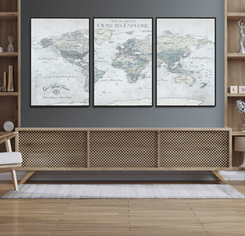 94249974-MGV-FC-60X30-3P_Black-Ours Explore World Map Wall Art – Modern Travel Canvas Print, Neutral Adventure Decor for Living Room, Office, Study, Bedroom,