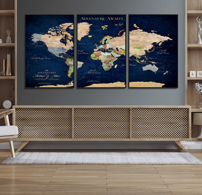 43160428-MGV-FC-60X30-3P_Black-Adventure Awaits Navy Blue World Map – Vibrant Travel Canvas Wall Art, Antique Atlas Print, Wanderlust Decor for Home Office