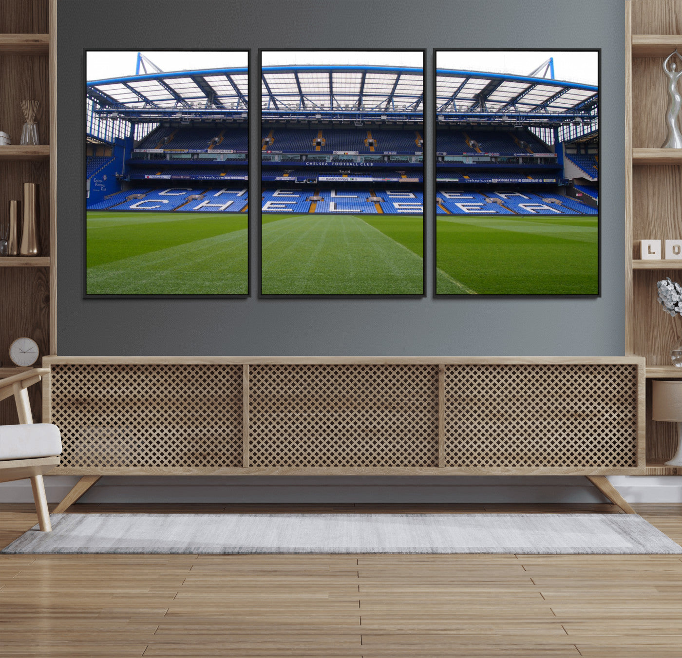 38616413CHELSA-MGV-FC-60X30-3P_Black-Chelsea Stadium Wall Art – Panoramic Football Field Canvas Print, Game Day Sports Decor for Living Room, Office, or Man Cave