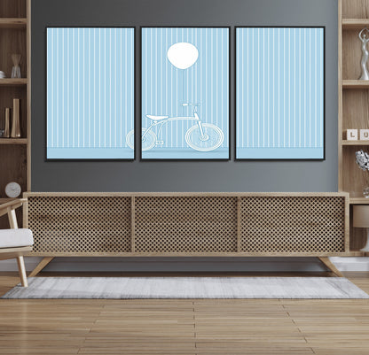 56479838-MGV-FC-60X30-3P_Black-Bicycle Wall Art – Minimalist Blue Canvas Print with Balloon Illustration, Modern Decor Artwork for Kids Room, Nursery, or Living