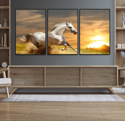 44295212-MGV-CV-36X24-Horse Wall Art – Running White Stallion Canvas Print with Sunset Background, Western Wildlife Decor for Living Room, Office, or