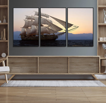31270610-MGV-FC-60X30-3P_Black-Sailing Ship Wall Art – Sunset Seascape Canvas Print with Tall Ship at Sea, Nautical Ocean Decor for Living Room, Office, or