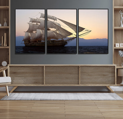 31270610-MGV-FC-60X30-3P_Black-Sailing Ship Wall Art – Sunset Seascape Canvas Print with Tall Ship at Sea, Nautical Ocean Decor for Living Room, Office, or