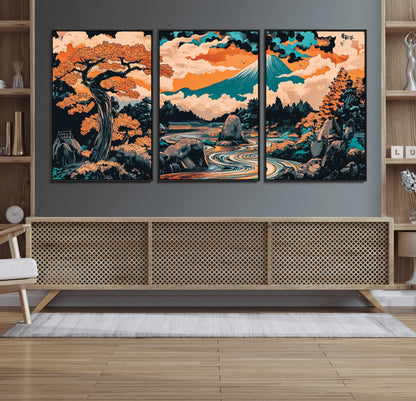 21638941-MGV-FC-60X30-3P_Black-Japanese Landscape Wall Art – Mount Fuji and Flowing River Ukiyo-e Style Canvas Print, Traditional Japan Inspired Artwork for