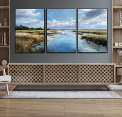 87082041-MGV-FC-60X30-3P_Black-Marshland Landscape Wall Art – Serene Nature Canvas Print with Blue Sky and Reflections, Tranquil Scenic Painting for Living Room,