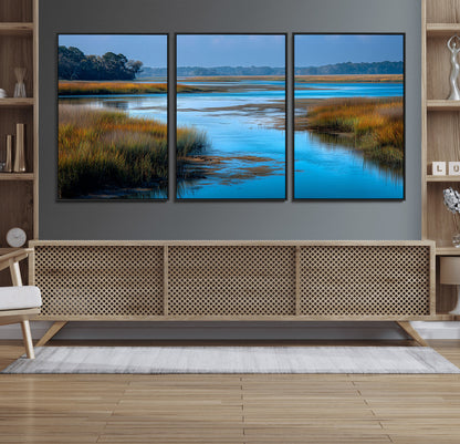 26300004-MGV-CV-36X24-Tranquil Marshland Canvas Wall Art – Blue Water, Reflective Sky, Golden Grasses, Calm Nature Landscape, Scenic Outdoor Beauty for