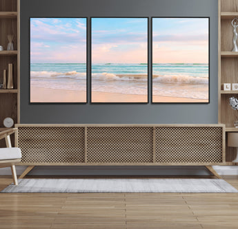 88024944-MGV-FC-60X30-3P_Black-Beach Landscape Wall Art – Coastal Ocean Canvas Print with Gentle Waves and Pastel Sky, Serene Seascape Photography for Living