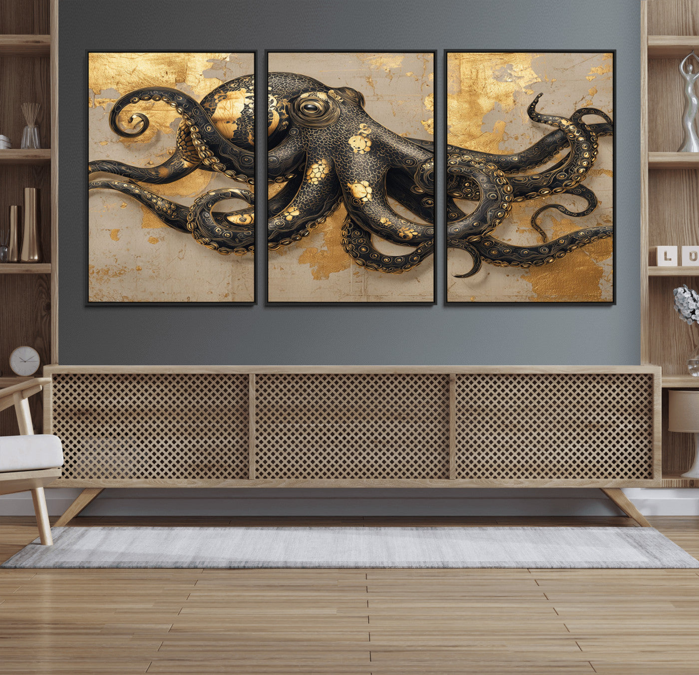 57944271-MGV-FC-60X30-3P_Black-Octopus Wall Art – Black and Gold Nautical Canvas Print, Modern Ocean Inspired Artwork with Elegant Detailing, Coastal Marine