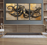 57944271-MGV-FC-60X30-3P_Black-Octopus Wall Art – Black and Gold Nautical Canvas Print, Modern Ocean Inspired Artwork with Elegant Detailing, Coastal Marine