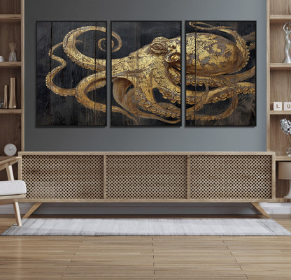 47056538-MGV-FC-60X30-3P_Black-Octopus Wall Art – Gold Nautical Canvas Print with Rustic Wood Texture, Marine Creature Artwork for Coastal Ocean Decoration in